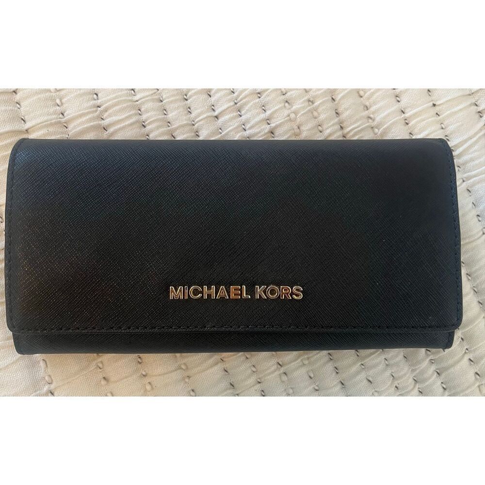 Michael Kors Black Saffiano Leather Snap Closure Wallet Long Continental Wallet